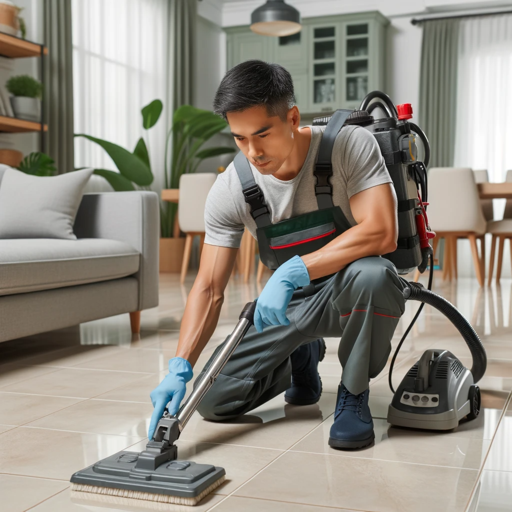 DALLC2B7E 2023 11 01 134242 Photo Of A Professional Cleaner In Uniform Using Advanced Equipment To Meticulously Clean And Restore Tile Flooring In A Residential Setting The Indi Protech Carpet Care