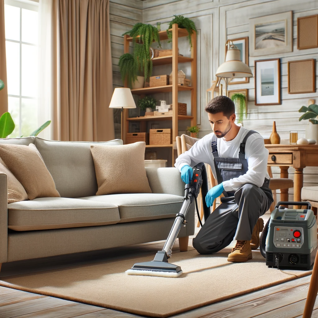 DALLC2B7E 2023 11 11 135027 An Image Showing A Professional Upholstery Cleaning Service In A Family Living Room The Scene Includes A Cleaning Technician Using Advanced Equipment Protech Carpet Care